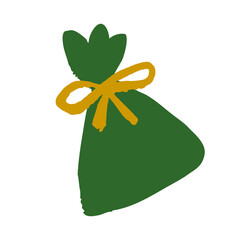 手描き風の緑色のプレゼント袋と黄色いリボンのクリスマスギフトイラスト、贈り物やホリデーシーズンのデザイン素材