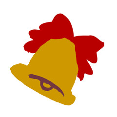 赤いリボンが結ばれた金色のクリスマスベルの手描き風イラスト、冬のお祝い装飾やホリデーデザイン素材