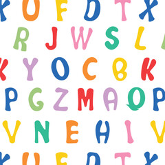 Seamless vector background of multicolored letters of the Latin alphabet on a white background.