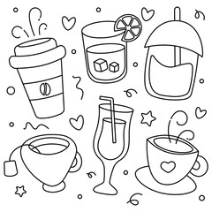 Coloring book page with black and white illustrations of drinks, coffee, cocktails, smoothies, lemonade on a white background.