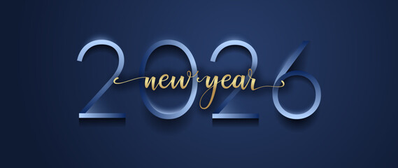 Typography Happy New Year 2026. Shiny gold color and realistic embossed effect.