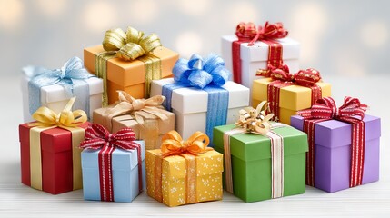 Vibrant gift boxes wrapped in assorted colors with satin ribbons arranged in a festive display for celebrations and special occasions ideal for greeting cards web banners and product mockups