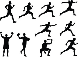 Athlete silhouettes, running, cheerleading, martial arts, weightlifting, fitness poses, sports action, black figures, white background