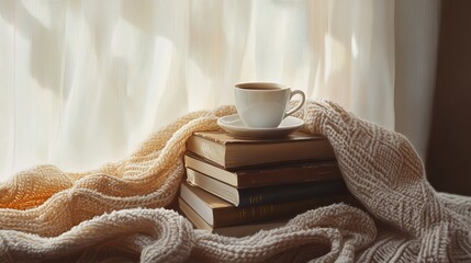 Cozy morning ritual unfolds with steaming coffee atop stacked vintage books, bathed in soft window light and draped with a warm knit blanket.