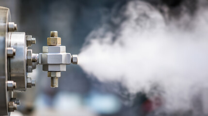 boiler. Industrial boiler safety valve releasing high-pressure steam, white vapor column. safety posters, maintenance manuals, designed for industrial assembly lines and welding operations.