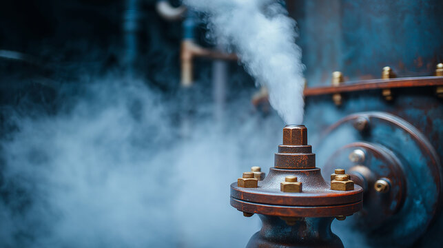 boiler. Industrial boiler safety valve releasing high-pressure steam, white vapor column. safety posters, maintenance manuals, designed for industrial assembly lines and welding operations.