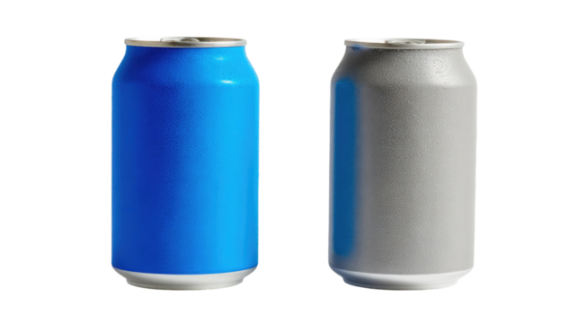 Blue and gray soda can showing metallic beverage container with refreshing carbonated drink concept isolated on white background