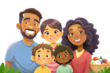 Obraz premium Happy multicultural family enjoying picnic in sunny park, parents and children smiling together