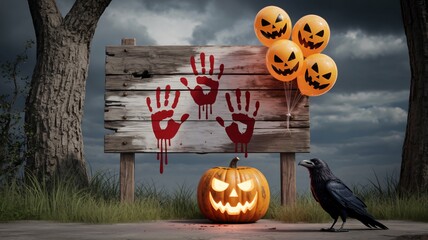 Eerie Halloween night with spooky pumpkin, black crow, jack-o-lantern balloons and ominous sign for thrilling seasonal promotions