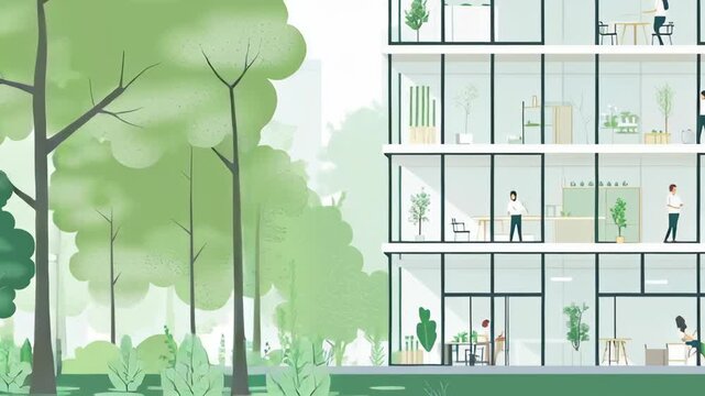 A building with a lot of windows and people inside. There are several people walking around the building. A charitable foundation headquarters with minimalist