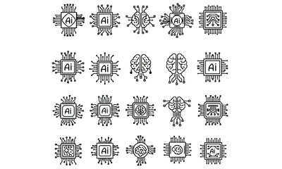 Artificial Intelligence Chip Icon Set – Vector Technology Processor Logo Design on White Background