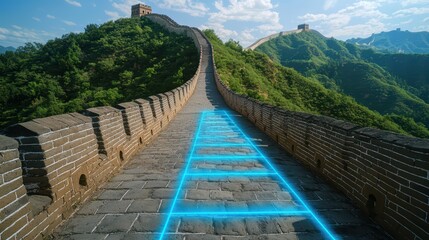 Great Wall concept. Majestic Great Wall of China with Digital Elements on Path Surrounded by Lush Green Hills and Clear Blue Sky