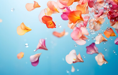 Delicate petals dance on the surface of the water, capturing a moment of ephemeral beauty. The light playfully interacts with the vibrant colors of the floating flora.