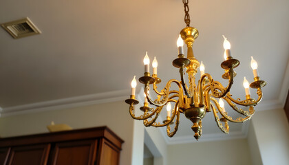Elegant golden chandelier illuminating a room with warm light.