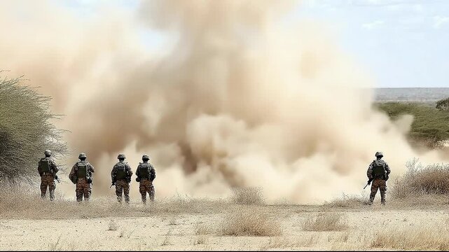 Soldiers observe a dramatic explosion in a desert landscape.