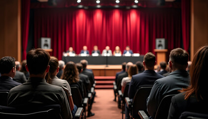 Fototapeta premium Audience at a conference listening to a panel of speakers on stage.