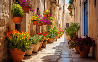 captivating alleyway, adorned with vibrant flower pots, creates a visual symphony of color and serenity, a true celebration of urban beauty.