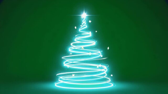 Stylized Christmas tree formed by swirling cyan light trails on green background 