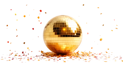 Disco ball with confetti, isolated on transparent background