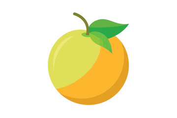 Brightly colored cartoon plum with green leaves and stem on a white background