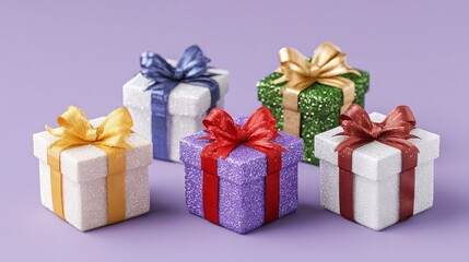 Four small gift boxes with colorful ribbons on a vibrant purple background festive present display with copy space ideal for celebrations greeting cards banners social media posts and product mockups