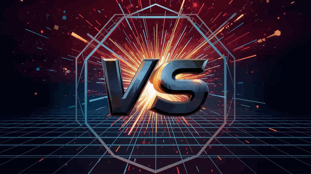 Dynamic visual representation of a 'VS' concept, featuring a glowing metallic design against a vibrant, energetic, and futuristic backdrop with sparks.