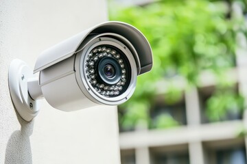 Surveillance concept. High-Resolution Security Camera Mounted on a Wall with Greenery in the Background for Surveillance and Monitoring