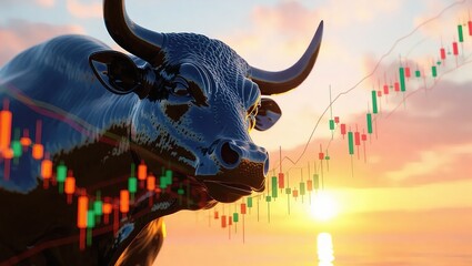 Financial Bull Statue with Rising Stock Market Chart at Sunrise.