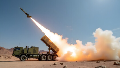 Missile launch from a military truck against a clear blue sky