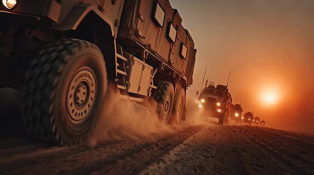 Military convoy of armored Humvees crossing dusty desert at high noon. Harsh sunlight, heat haze, trailing dust, wide-angle cinematic shot, gritty realism, sense of operational journey.