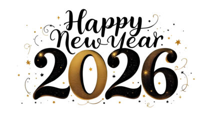 Golden Happy New Year 2026 greeting, isolated on transparent background