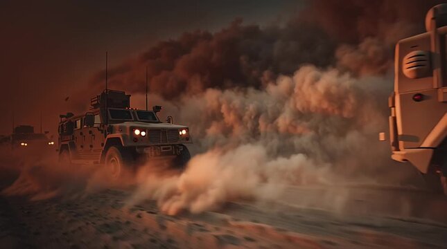 Military convoy of armored Humvees crossing dusty desert at high noon. Harsh sunlight, heat haze, trailing dust, wide-angle cinematic shot, gritty realism, sense of operational journey.