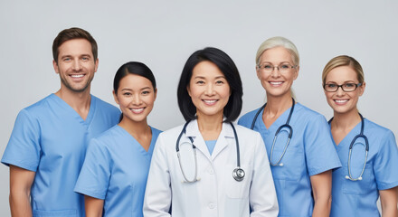 Fototapeta premium Diverse group of healthcare professionals, including male and female doctors and nurses, standing together in scrubs, smiling confidently, showcasing teamwork and dedication in a clinical environment