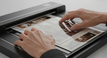 Hands of a person carefully scanning photographs using a high-quality scanner, showcasing the process of digitizing memories with attention to detail and precision