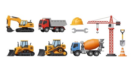 Construction Equipment Vector Set &mdash; Heavy Machinery, Tools, and Safety Icons in Flat Design