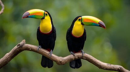 Obraz premium Toucan sitting on the branch in the forest, green vegetation, Costa Rica. Nature travel in central America. Two Keel-billed Toucan, Ramphastos sulfuratus, pair of bird with big bill. Wildlife.