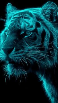 Neon-blue tiger head carved in glowing lines on a black background, electric and fierce. Bright glow