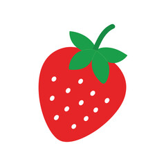 Obraz premium Simple red strawberry icon with green leaves and white seeds isolated on white background