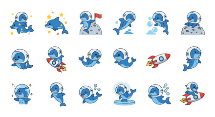 Charming Aquatic Astronauts: A Collection of Cartoon Dolphins Exploring Outer Space Delightfully © Saipur