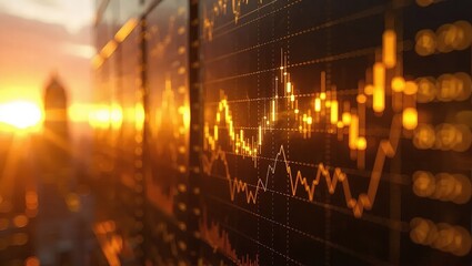 Financial market analysis with a beautiful sunset background.