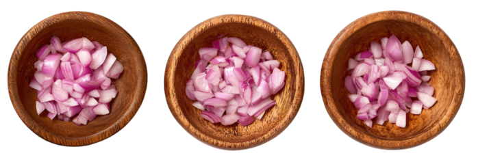 Diced red onions in wooden bowls