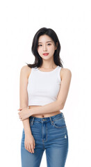 Stylish young Asian woman in trendy casual fashion isolated on white background
