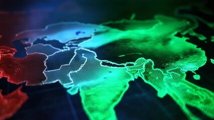 Digital illuminated world map showing continents and data flow visualization - Powered by Adobe