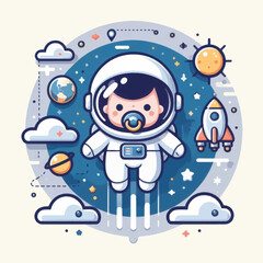 Adorable baby astronaut floating in space with pacifier and rocket.