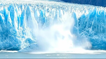 Dramatic glacier calving into the ocean, creating a spectacular splash.