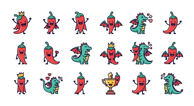 Whimsical pepper characters alongside friendly dragon illustrations adding a playful touch