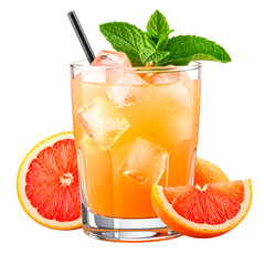 Refreshing citrus cocktail with grapefruit wedges, ice cubes, mint garnish, and a straw