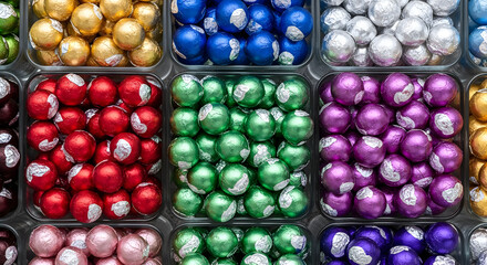 Assorted colorful wrapped candies arranged neatly in clear containers for retail display