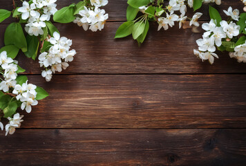 White apple blossoms and green leaves on dark wooden planks back