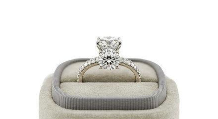 3D Realistic Diamond Ring on Beige Velvet Ring Box